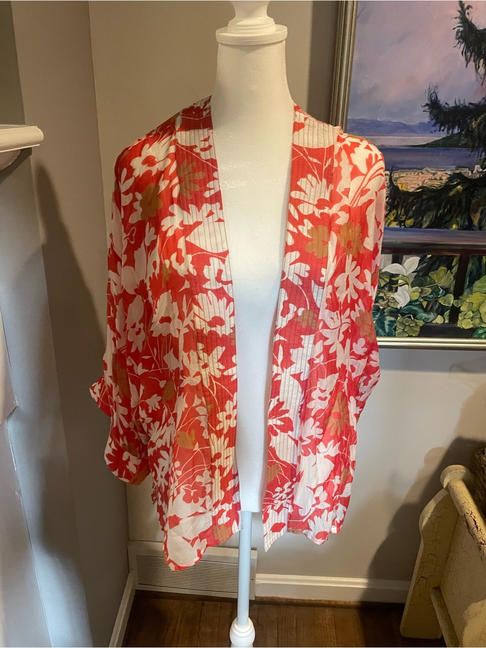 Red and White Floral Kimono Cardigan - NWT